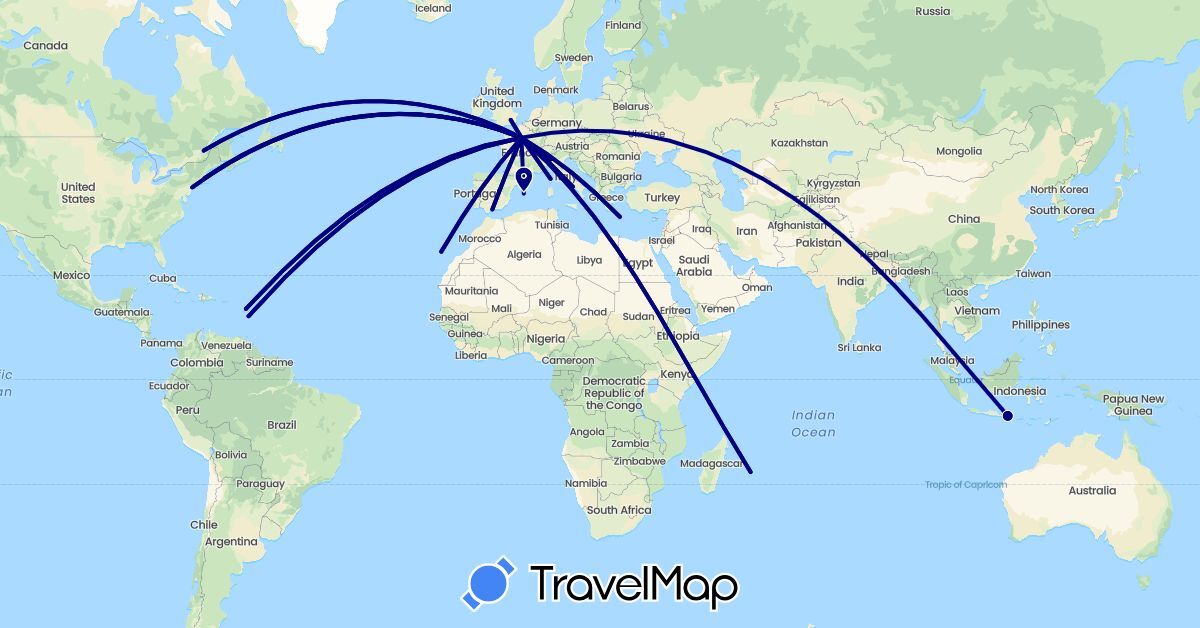 TravelMap itinerary: driving in Canada, Spain, France, United Kingdom, Greece, Indonesia, Italy, United States (Asia, Europe, North America)